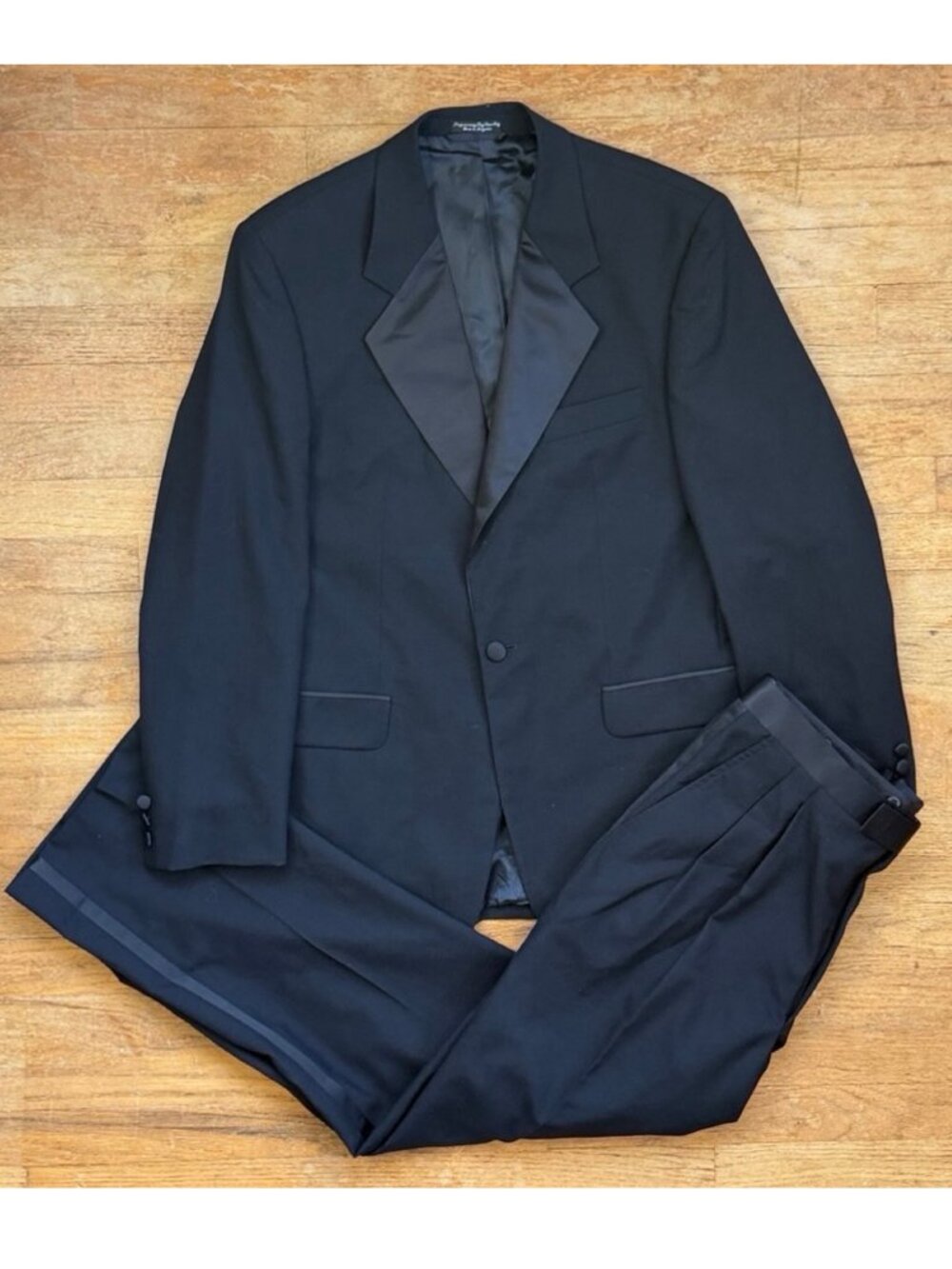 Vintage Mens Tuxedo Set Size 40R Blazer 34x32 Pants 90s Black Wool Satin Trim Do